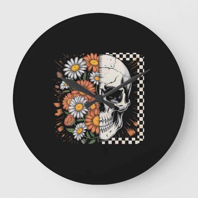Floral Fall Skeleton Boho Halloween Large Clock (Front)