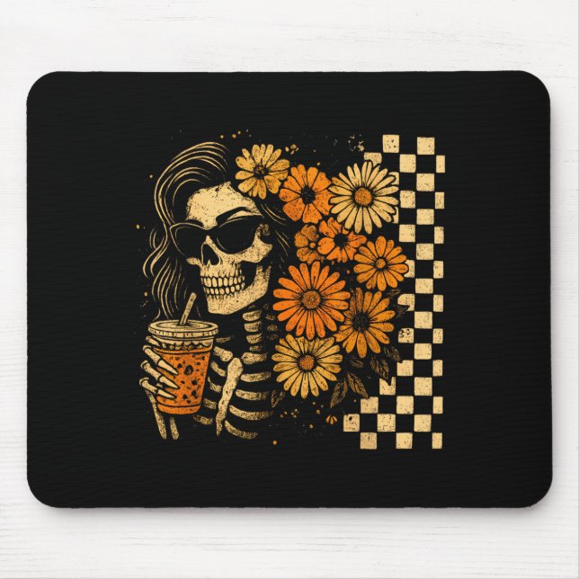 Floral Fall Skeleton Coffee Mum Halloween Retro Mouse Pad (Front)