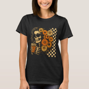 Floral Fall Skeleton Coffee Mum Halloween Retro T-Shirt