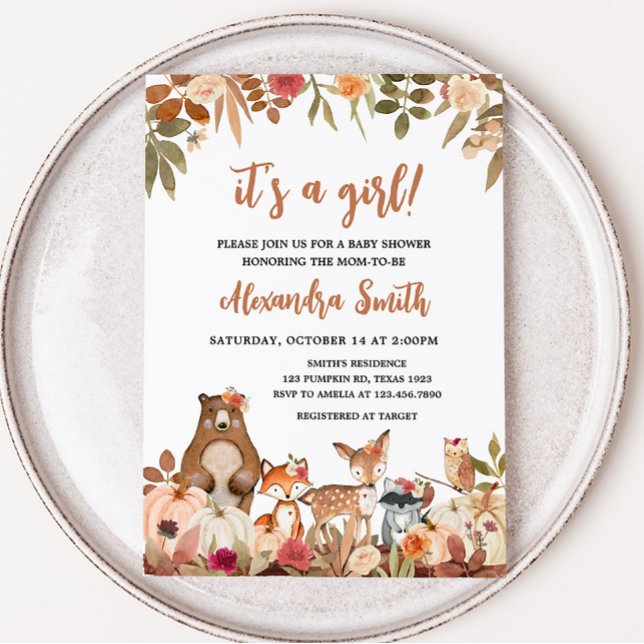 Floral Fall Woodland Baby Shower Invitation (Pumpkin Floral Woodland Animals Baby Shower)
