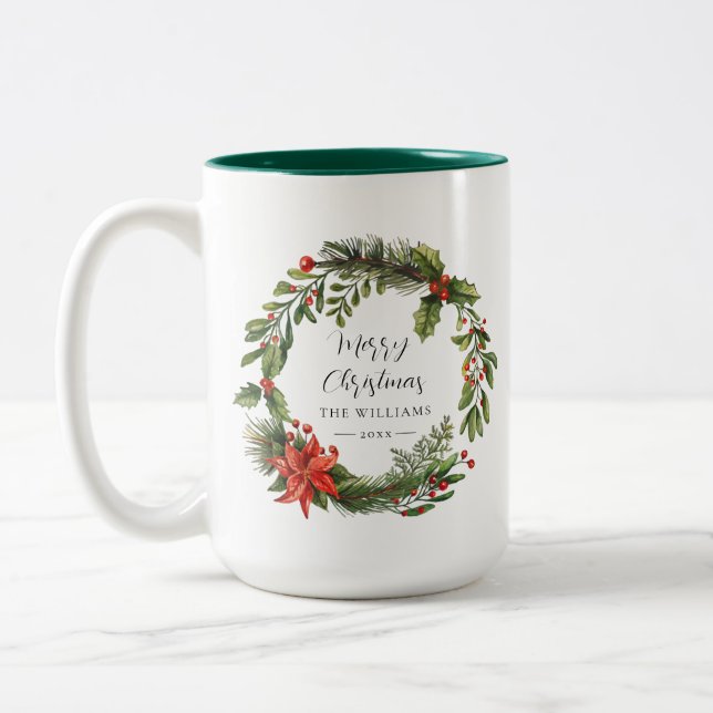 Floral Family Christmas Red Berries Two-Tone Coffee Mug (Left)