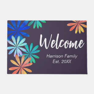 Floral Family Name Established Dark Welcome  Doormat