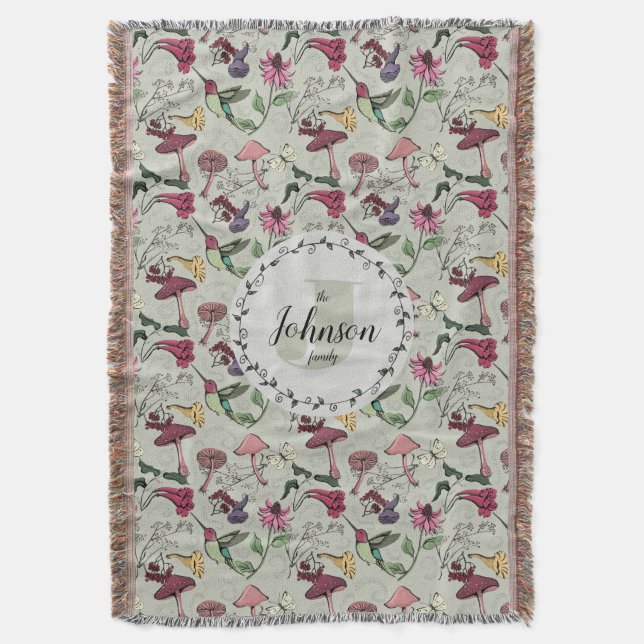 Floral Family Name Hummingbird Garden & Flowers Throw Blanket (Front Vertical)