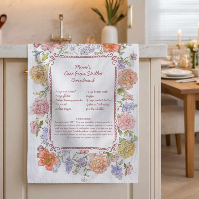 Floral Family Recipe Kitchen Towel (Floral Mom's Recipe Kitchen Tea Towel Gift Idea)