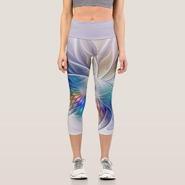 Floral Fantasy, Colourful Abstract Fractal Flower Capri Leggings (Front)