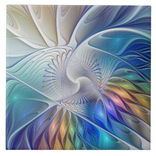 Floral Fantasy, Colourful Abstract Fractal Flower Ceramic Tile