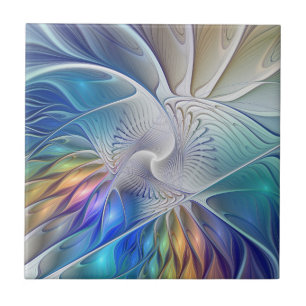 Floral Fantasy, Colourful Abstract Fractal Flower Ceramic Tile