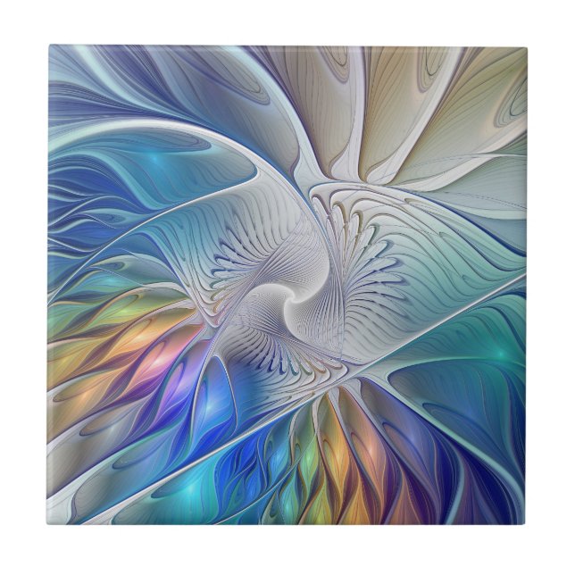 Floral Fantasy, Colourful Abstract Fractal Flower Ceramic Tile (Front)