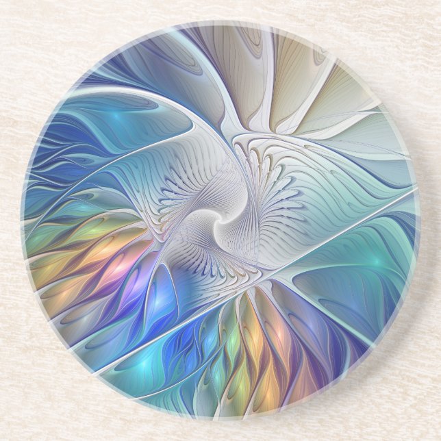 Floral Fantasy, Colourful Abstract Fractal Flower Coaster (Front)