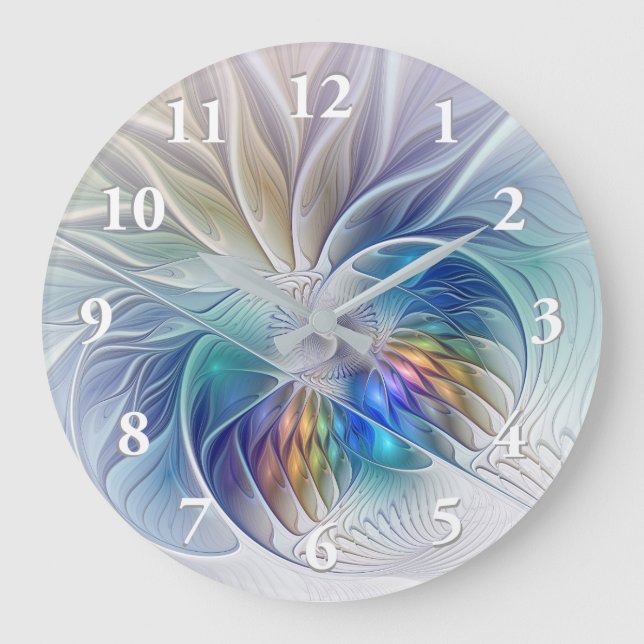 Floral Fantasy, Colourful Abstract Fractal Flower Large Clock (Front)