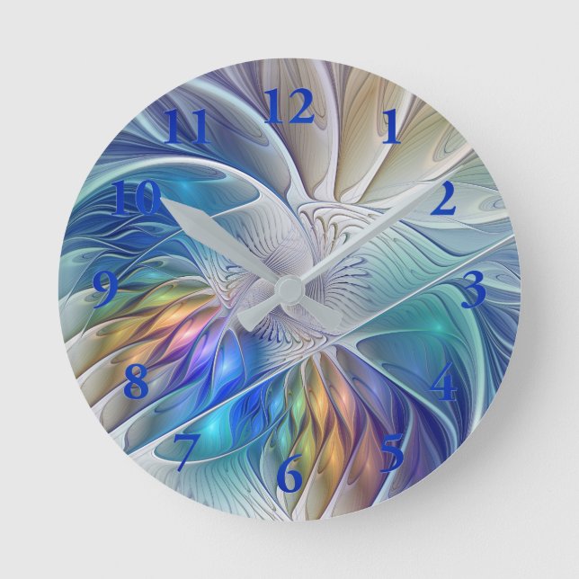 Floral Fantasy, Colourful Abstract Fractal Flower Round Clock (Front)