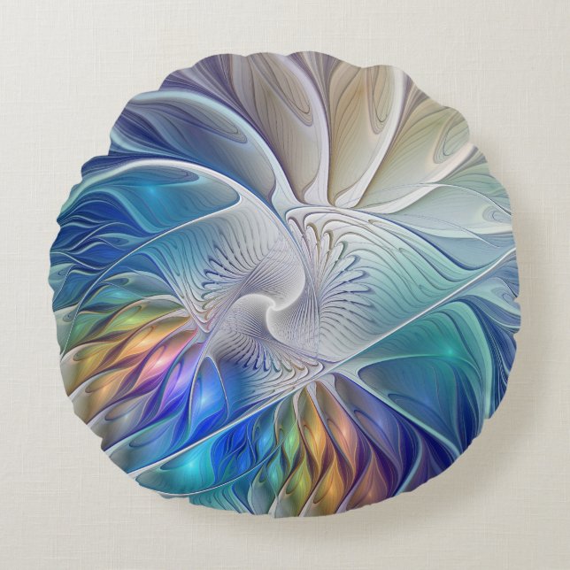 Floral Fantasy, Colourful Abstract Fractal Flower Round Cushion (Front)