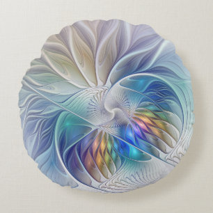 Floral Fantasy, Colourful Abstract Fractal Flower Round Cushion