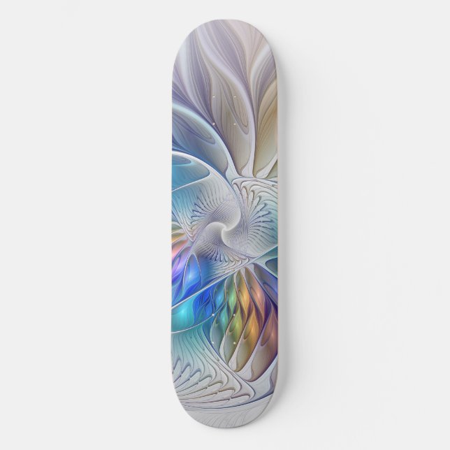 Floral Fantasy, Colourful Abstract Fractal Flower Skateboard (Front)