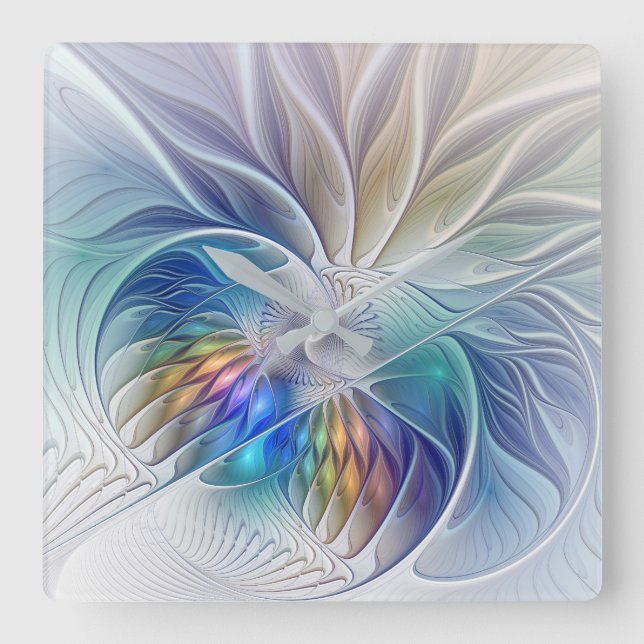 Floral Fantasy, Colourful Abstract Fractal Flower Square Wall Clock (Front)
