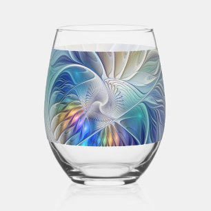 Floral Fantasy, Colourful Abstract Fractal Flower Stemless Wine Glass