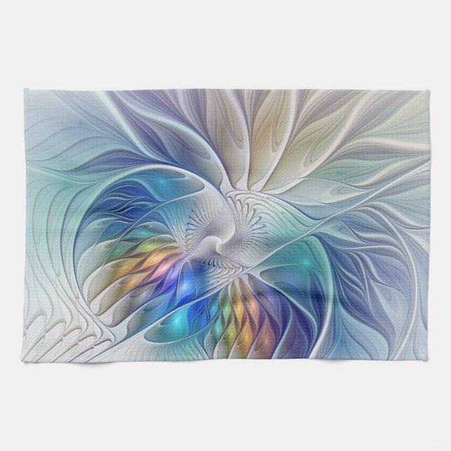 Floral Fantasy, Colourful Abstract Fractal Flower Tea Towel (Horizontal)