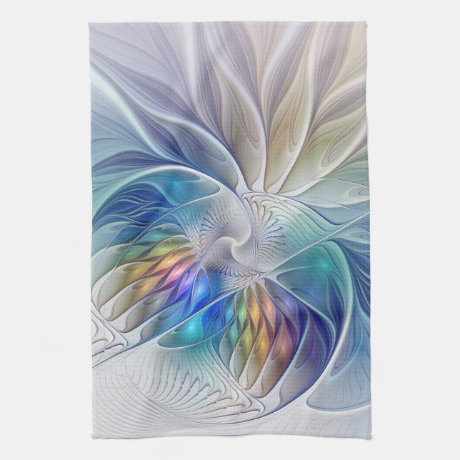 Floral Fantasy, Colourful Abstract Fractal Flower Tea Towel (Vertical)