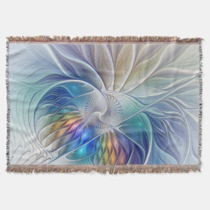 Floral Fantasy, Colourful Abstract Fractal Flower Throw Blanket
