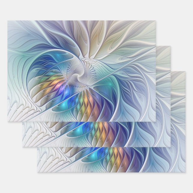 Floral Fantasy, Colourful Abstract Fractal Flower Wrapping Paper Sheet (Set)