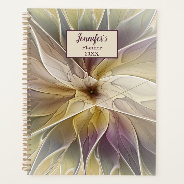 Floral Fantasy Gold Aubergine Abstract Art Name Planner (Front)