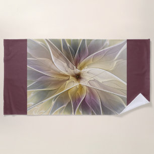 Floral Fantasy Gold Aubergine Abstract Fractal Art Beach Towel