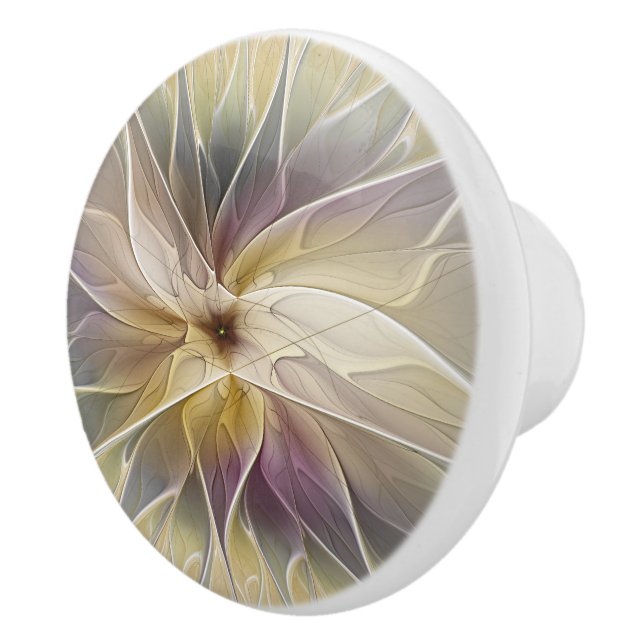 Floral Fantasy Gold Aubergine Abstract Fractal Art Ceramic Knob (Right)