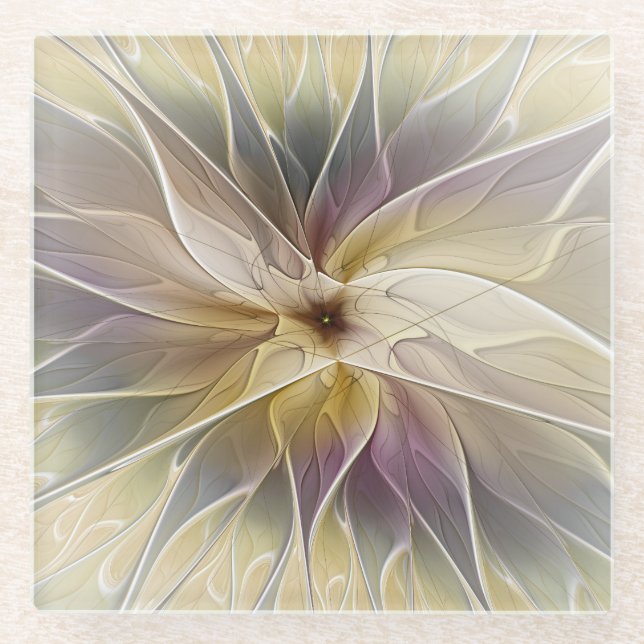 Floral Fantasy Gold Aubergine Abstract Fractal Art Glass Coaster (Front)