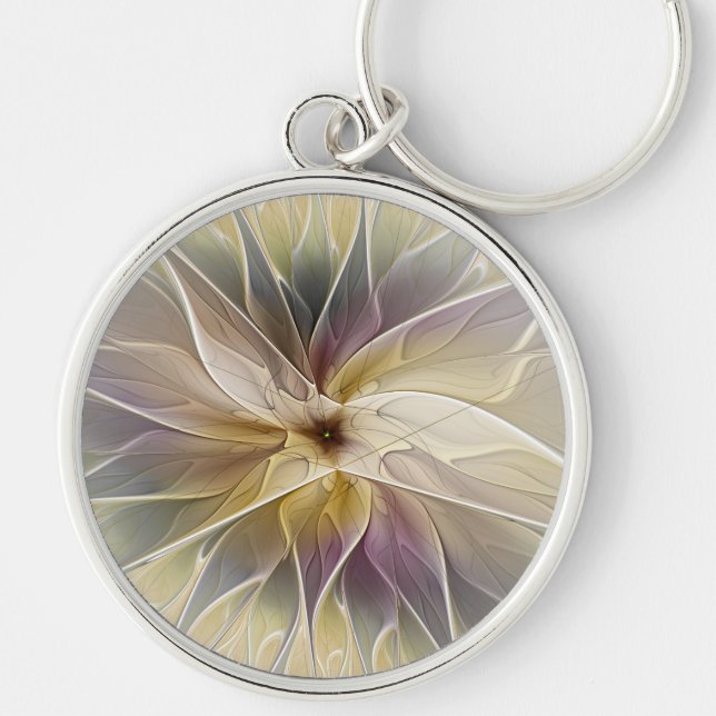 Floral Fantasy Gold Aubergine Abstract Fractal Art Key Ring (Front)