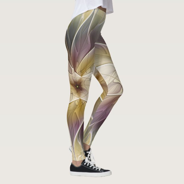 Floral Fantasy Gold Aubergine Abstract Fractal Art Leggings (Right)