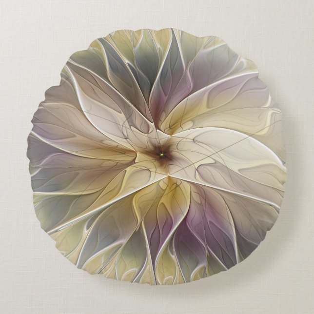 Floral Fantasy Gold Aubergine Abstract Fractal Art Round Cushion (Front)