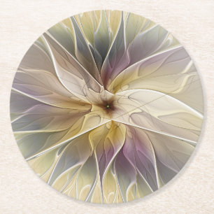 Floral Fantasy Gold Aubergine Abstract Fractal Art Round Paper Coaster