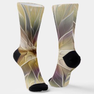 Floral Fantasy Gold Aubergine Abstract Fractal Art Socks