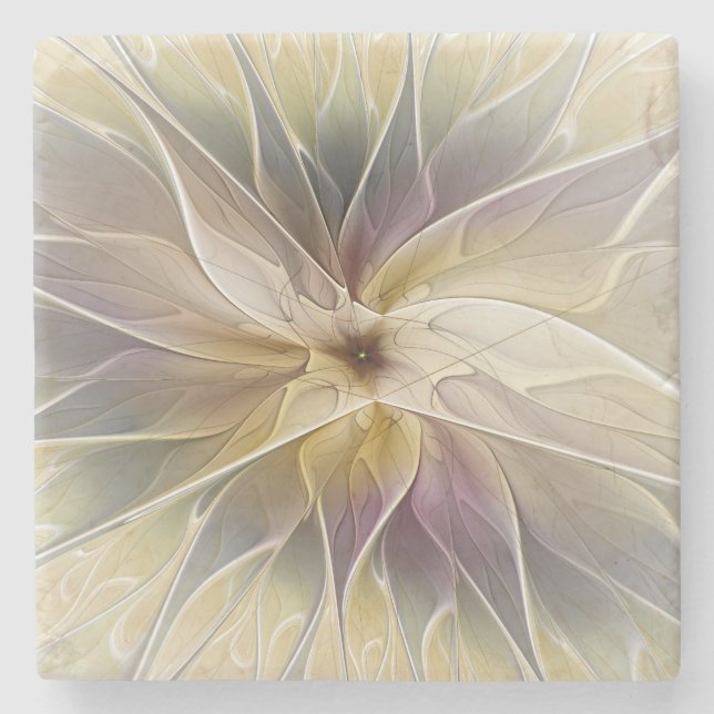 Floral Fantasy Gold Aubergine Abstract Fractal Art Stone Coaster (Front)