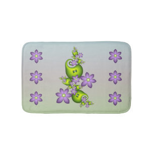 Floral Fantasy Lilac Flowers Green Shapes Fractal Bath Mat