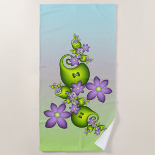 Floral Fantasy Lilac Flowers Green Shapes Fractal Beach Towel