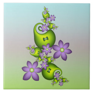 Floral Fantasy Lilac Flowers Green Shapes Fractal Ceramic Tile