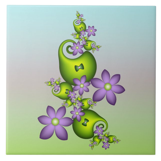 Floral Fantasy Lilac Flowers Green Shapes Fractal Ceramic Tile (Front)