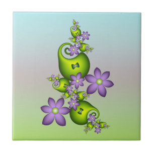 Floral Fantasy Lilac Flowers Green Shapes Fractal Ceramic Tile
