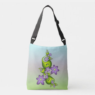 Floral Fantasy Lilac Flowers Green Shapes Fractal Crossbody Bag