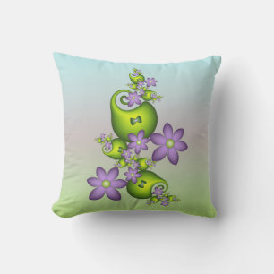 Floral Fantasy Lilac Flowers Green Shapes Fractal Cushion