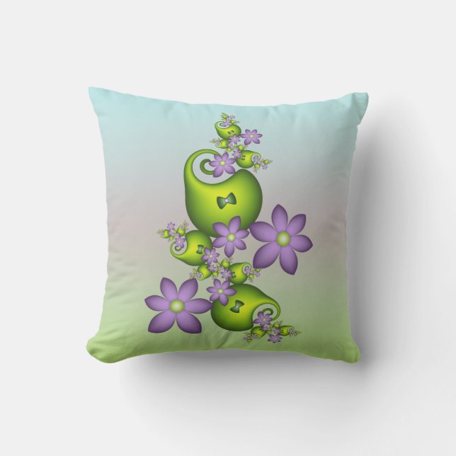 Floral Fantasy Lilac Flowers Green Shapes Fractal Cushion (Front)