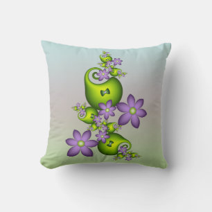 Floral Fantasy Lilac Flowers Green Shapes Fractal Cushion