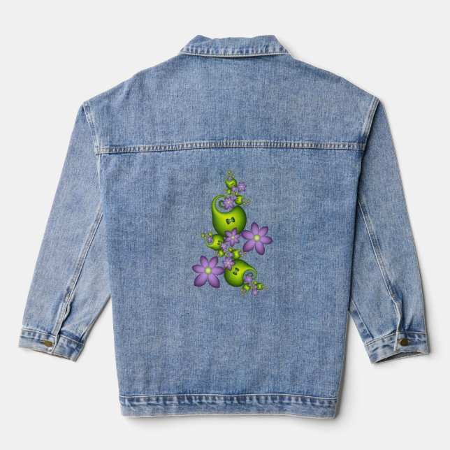 Floral Fantasy Lilac Flowers Green Shapes Fractal Denim Jacket (Back)