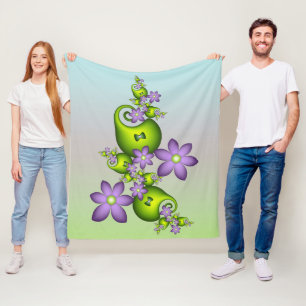 Floral Fantasy Lilac Flowers Green Shapes Fractal Fleece Blanket