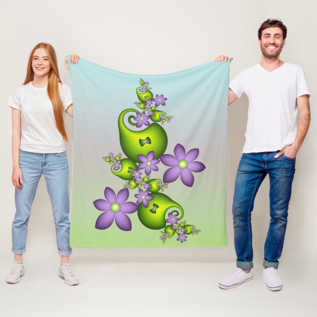 Floral Fantasy Lilac Flowers Green Shapes Fractal Fleece Blanket (In Situ)