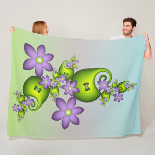 Floral Fantasy Lilac Flowers Green Shapes Fractal Fleece Blanket