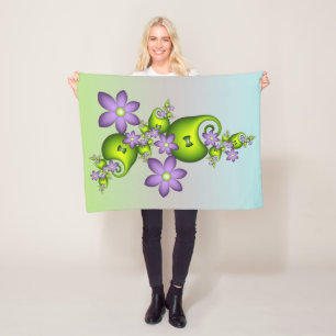 Floral Fantasy Lilac Flowers Green Shapes Fractal Fleece Blanket