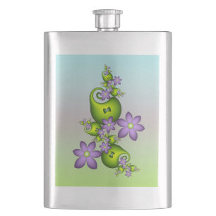 Floral Fantasy Lilac Flowers Green Shapes Fractal Hip Flask
