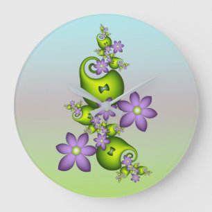 Floral Fantasy Lilac Flowers Green Shapes Fractal Large Clock